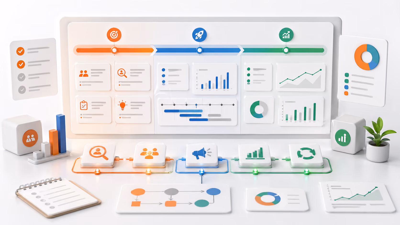 Product launch strategy roadmap showing pre-launch planning, launch execution, and post-launch optimization